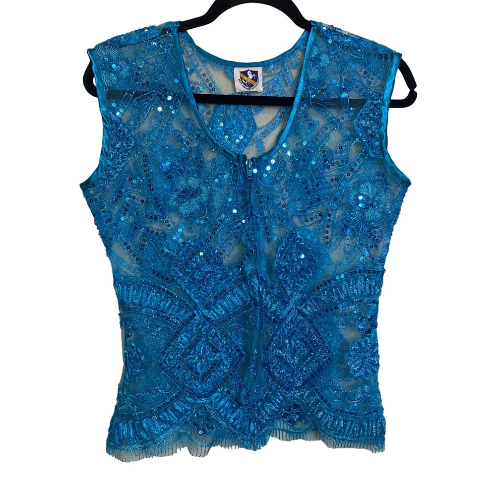 Royal Highness Equestrian Turquoise Sequin Mesh Zip Front Show Vest Small